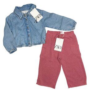 NWT Zara 12-18 month Girls Chambray Jacket + Knit Pants Bundle Blue Pink